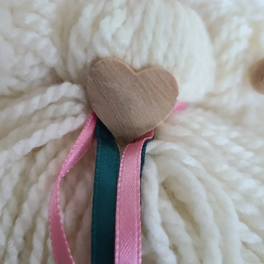 Vintage Five Yarn Mop Dolls Thimble Wood Bead Satin Ribbon Tulle Accent Handmade